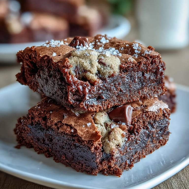 Hand holding a Hojicha Brookies bar, revealing a rich, layered interior with toasted tea specks and gooey chocolate pockets.