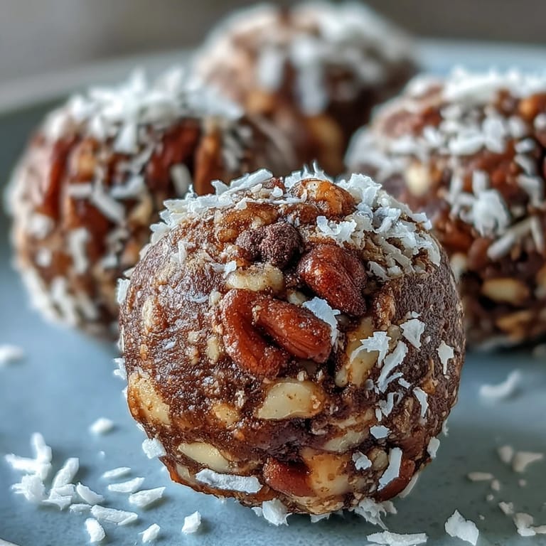 A close-up view of one Hojicha Energy Ball reveals a sticky date interior dotted with crunchy cashews and cacao nibs for texture.