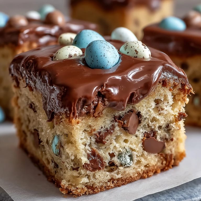Easter dessert: Cadbury Egg Blondies with White Chocolate Drizzle, loaded with colorful candy eggs and drizzled with melted white chocolate.
