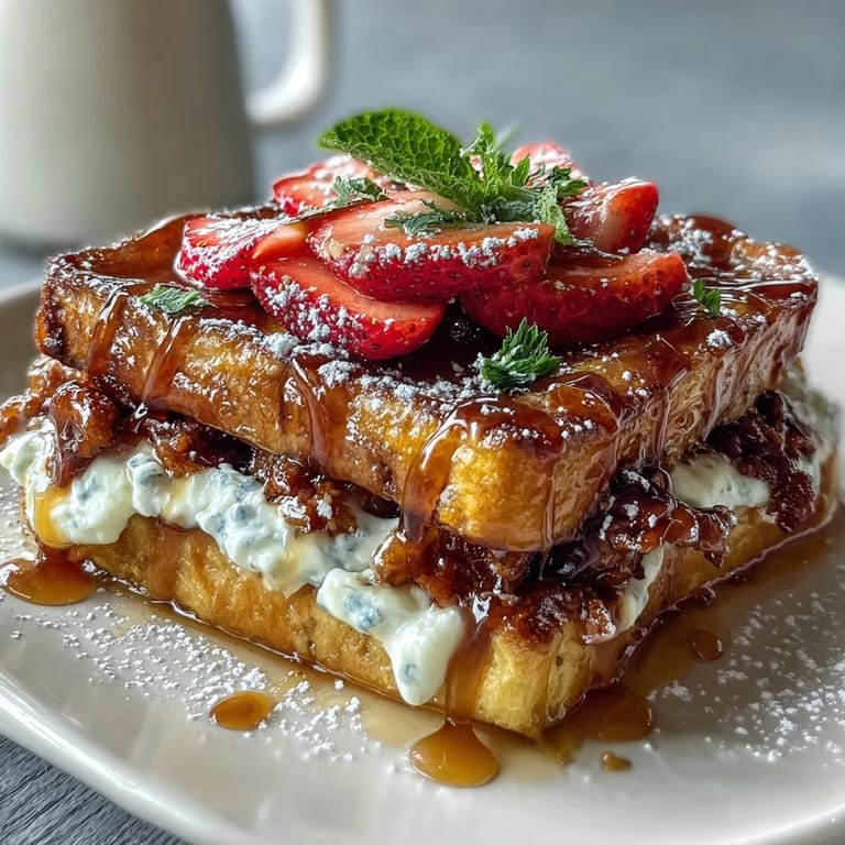 Baked French toast casserole topped with juicy strawberries, cinnamon crumble, and a dusting of powdered sugar for a sweet spring treat.