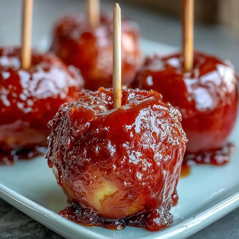 Mini Candy Apple Bites on Toothpick Skewers: bite-sized Granny Smith apples with shiny candy shell, ready to serve at gatherings or celebrations.