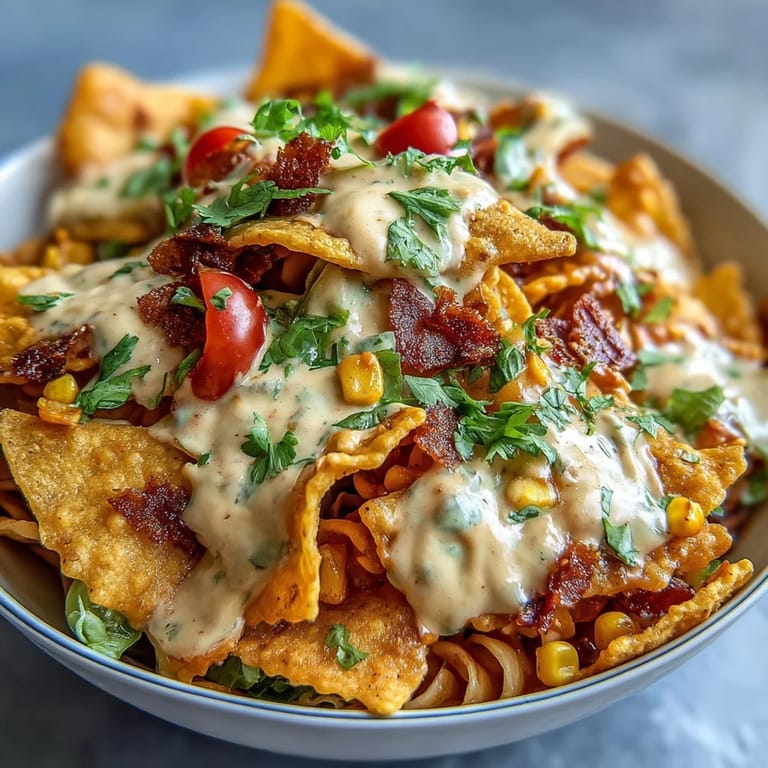 Hearty Taco Pasta Salad with Doritos and Avocado Ranch, loaded with rotini, corn, peppers, and a rich avocado ranch sauce.