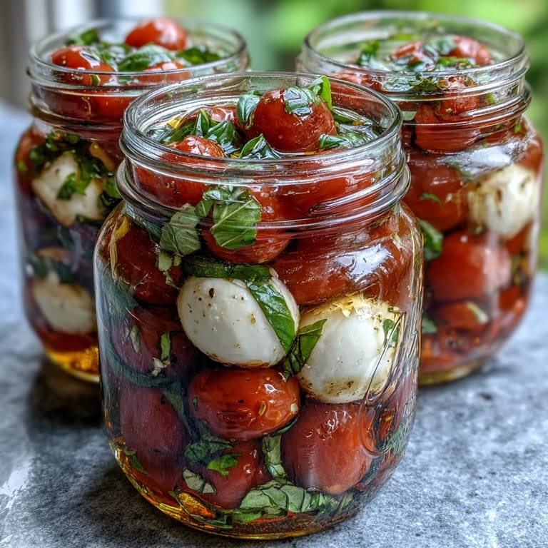 Portable mason jar Caprese salad featuring creamy mozzarella balls, juicy cherry tomatoes, and fragrant basil leaves, drizzled with balsamic dressing.