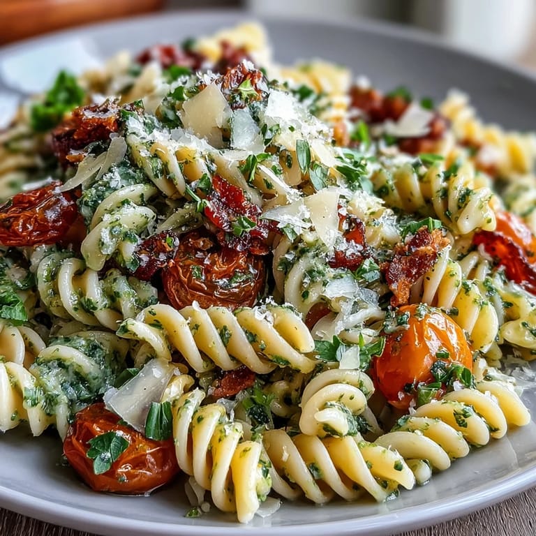 Al dente pasta tossed with homemade basil pesto, juicy cherry tomatoes, arugula, and parmesan shavings for a flavorful, colorful dish.  