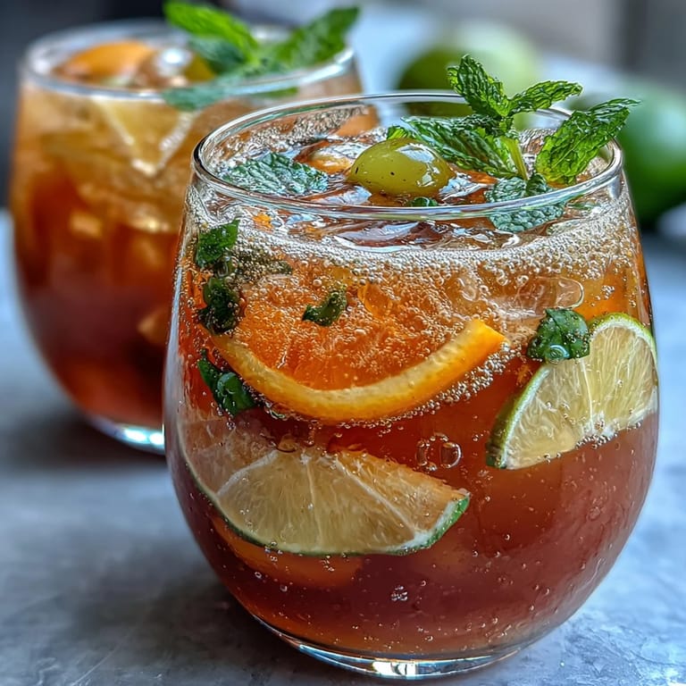 Sparkling Spring Sangria Mocktail with White Grape and Citrus, served over ice with lemon and lime slices for a festive, non-alcoholic drink.