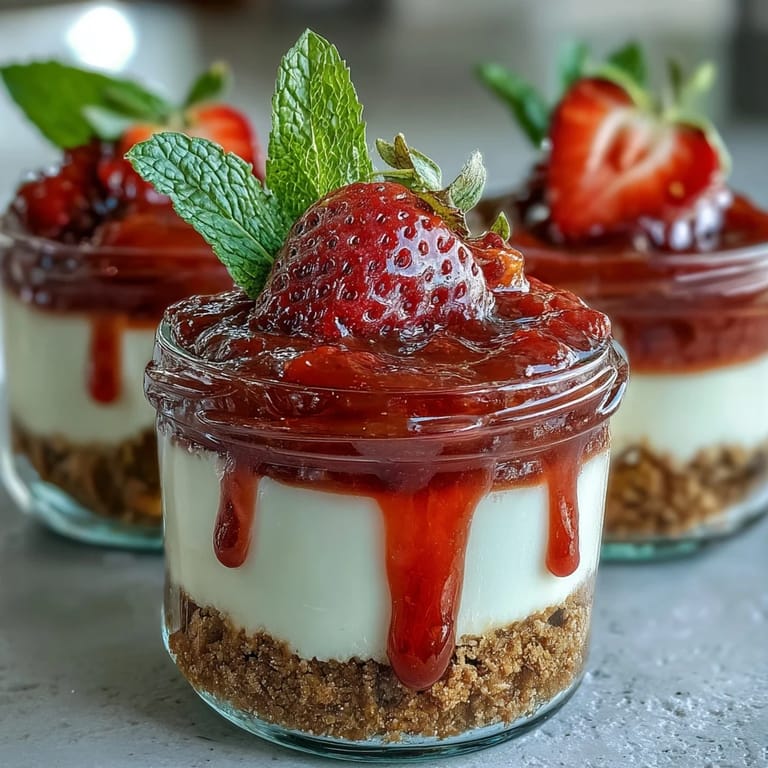 Gorgeous individual jars of strawberry cheesecake with graham cracker base and vibrant red fruit topping.
