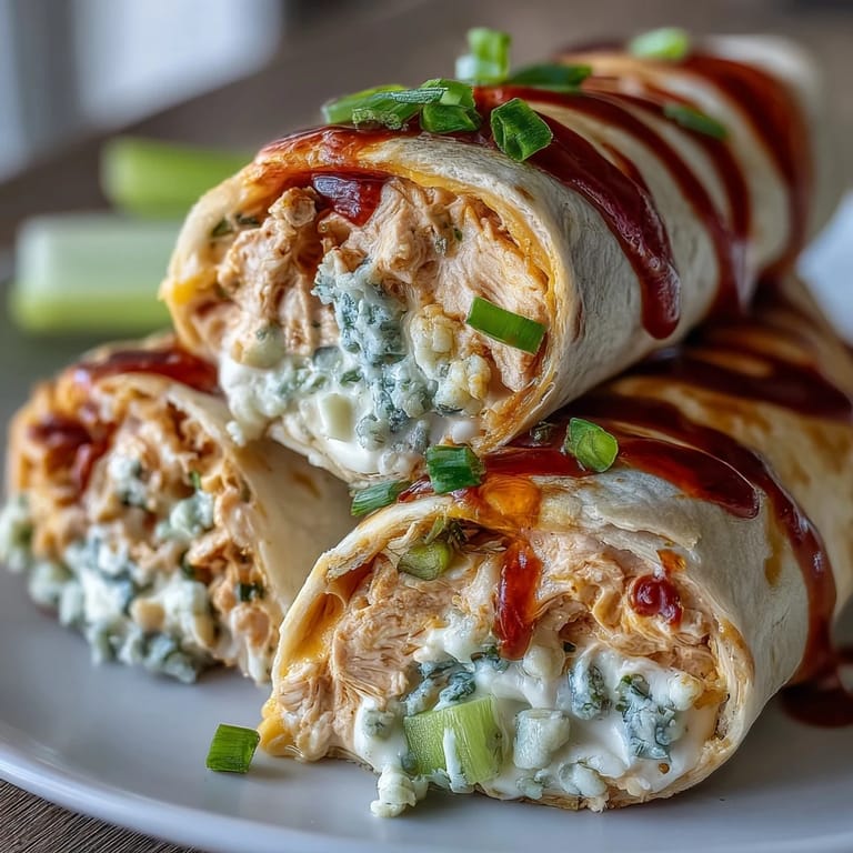 Creamy Buffalo chicken spread with cheddar and blue cheese, wrapped in soft tortillas and cut into bite-sized pinwheels.
