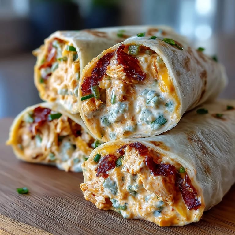 Zesty Buffalo chicken and cream cheese mixture rolled tightly in tortillas, chilled, and sliced into party-ready pinwheels.