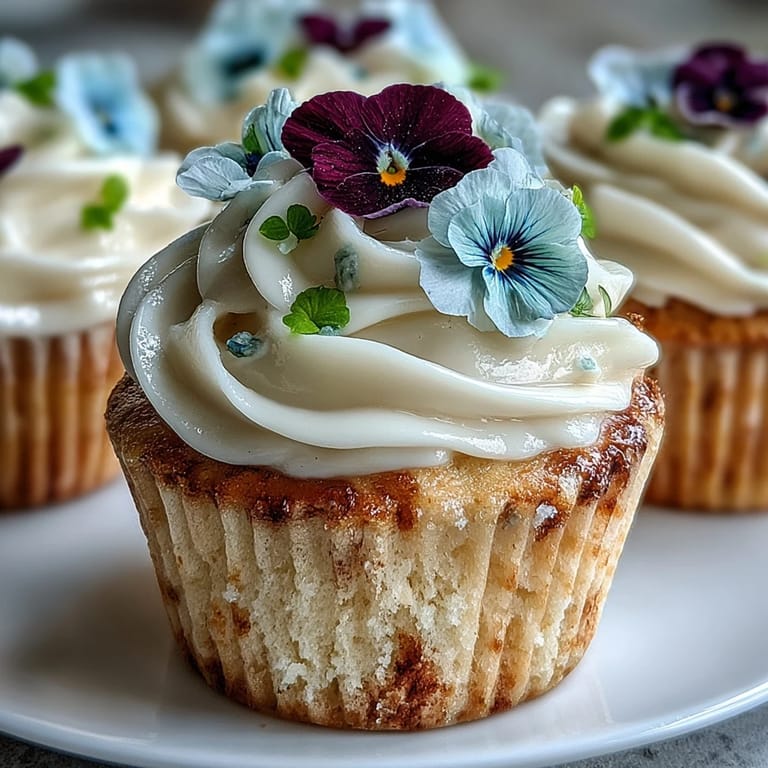 Soft vanilla cupcakes frosted with smooth buttercream and garnished with vibrant edible flowers for a festive spring treat.