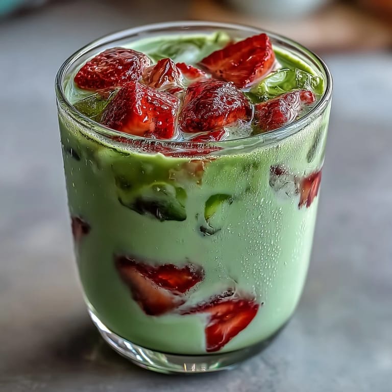 Layered Strawberry Matcha Latte: colorful summer beverage blending fresh strawberry puree, frothy matcha, and chilled oat milk for a creamy treat.
