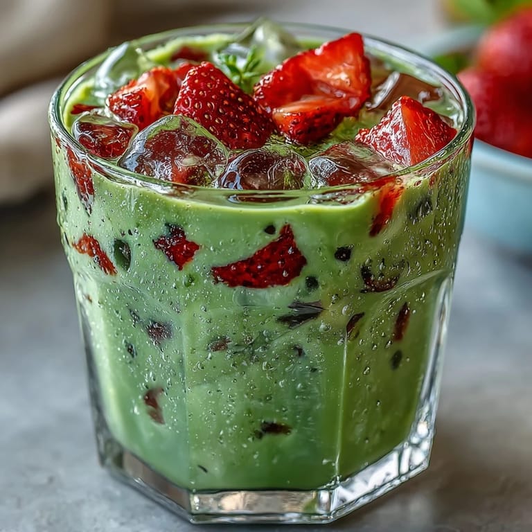 Oat milk Strawberry Matcha Latte: refreshing vegan drink with bright red strawberry base, smooth green matcha layer, and icy milk swirl.