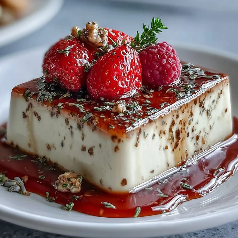Fragrant lavender and honey-infused panna cotta with a smooth, creamy texture, topped with fresh berries and edible flowers.