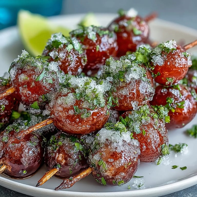 Sweet and tart frozen grape skewers with bright lime sugar, a fun party snack.