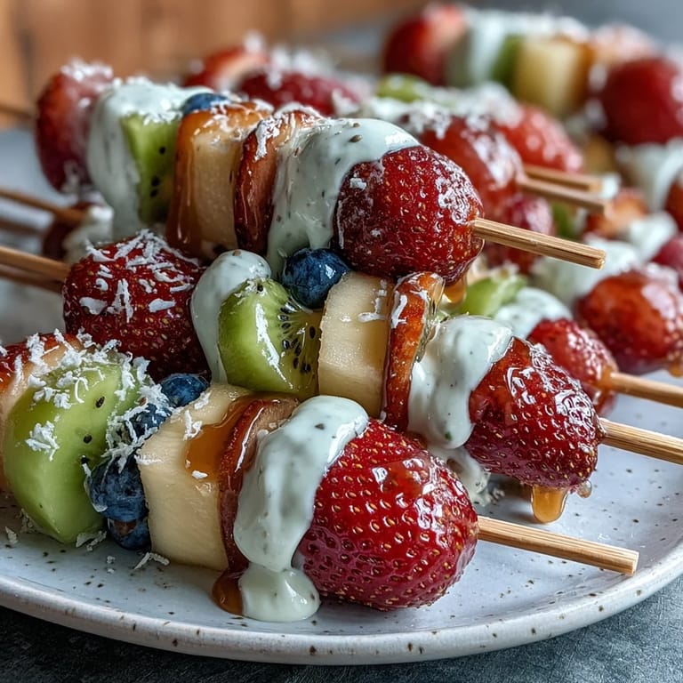 Bright Rainbow Fruit Skewers with Honey Dip, ready for a healthy, sweet treat.