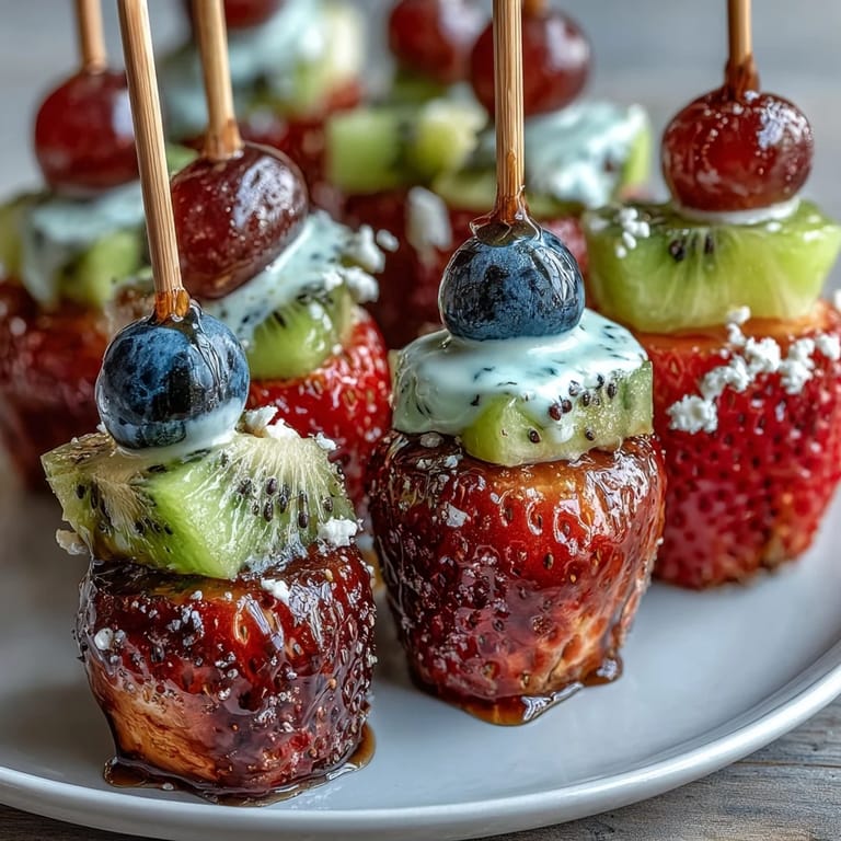 Vibrant skewers of Rainbow Fruit with Honey Dip, a refreshing appetizer delight.