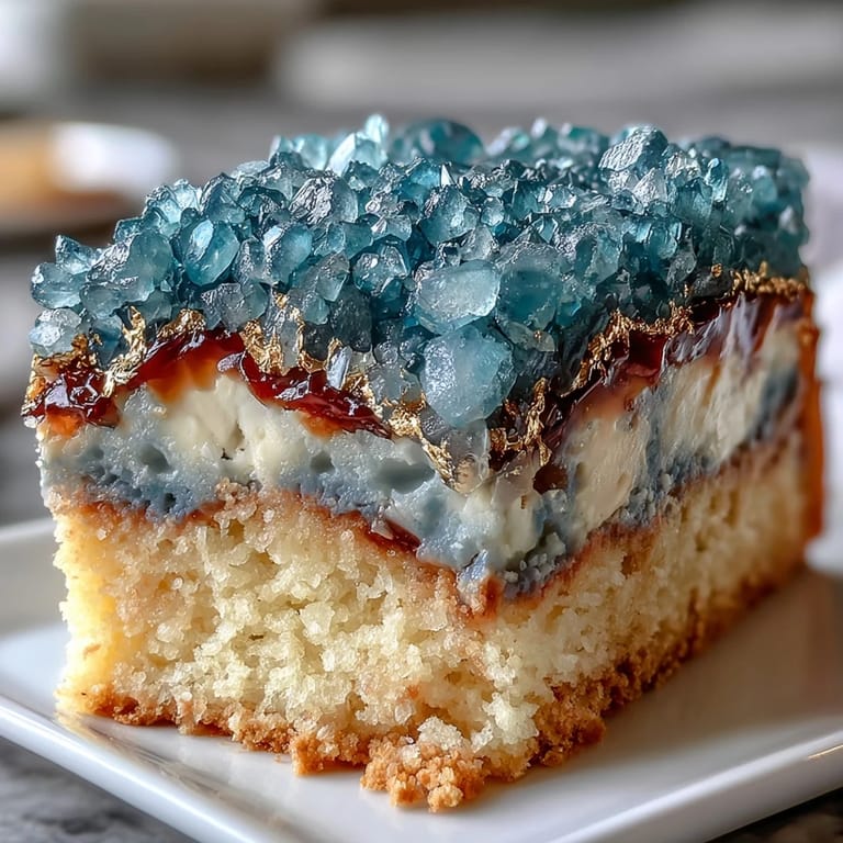 Teal and gold geode slice graduation cake, showstopping dessert with rock candy crystal accents.