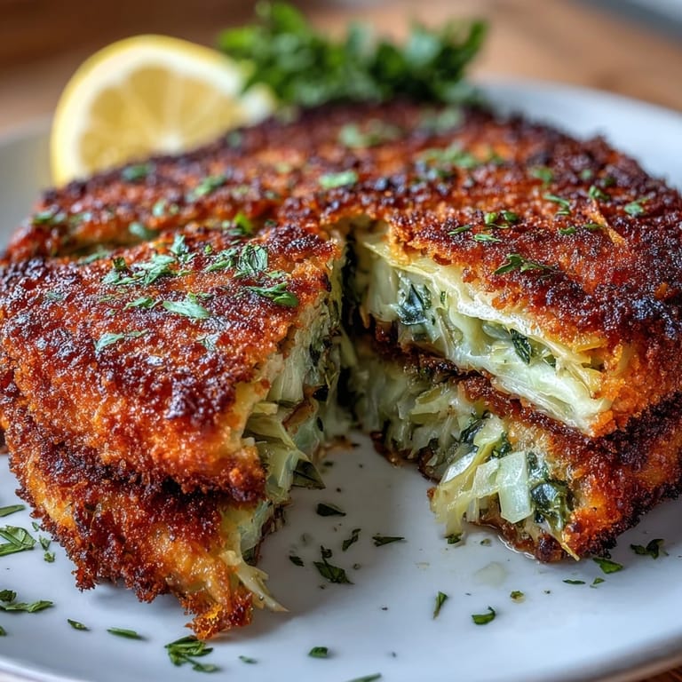 Crispy pan-fried cabbage schnitzel with a crunchy panko coating, golden crust, and savory seasoning, perfect for a hearty meat-free meal.