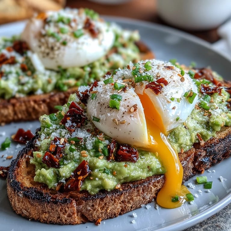 Toasted country bread layered with smooth avocado, crowned with a soft poached egg and a spicy, aromatic chili crisp drizzle.