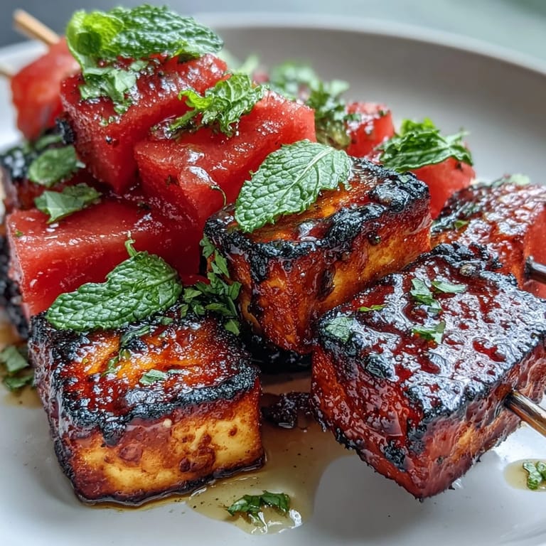 Colorful grilled halloumi skewers with sweet watermelon, perfect for a summer appetizer.