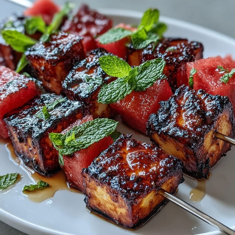 Juicy watermelon and savory halloumi skewers, hot off the grill, topped with mint.