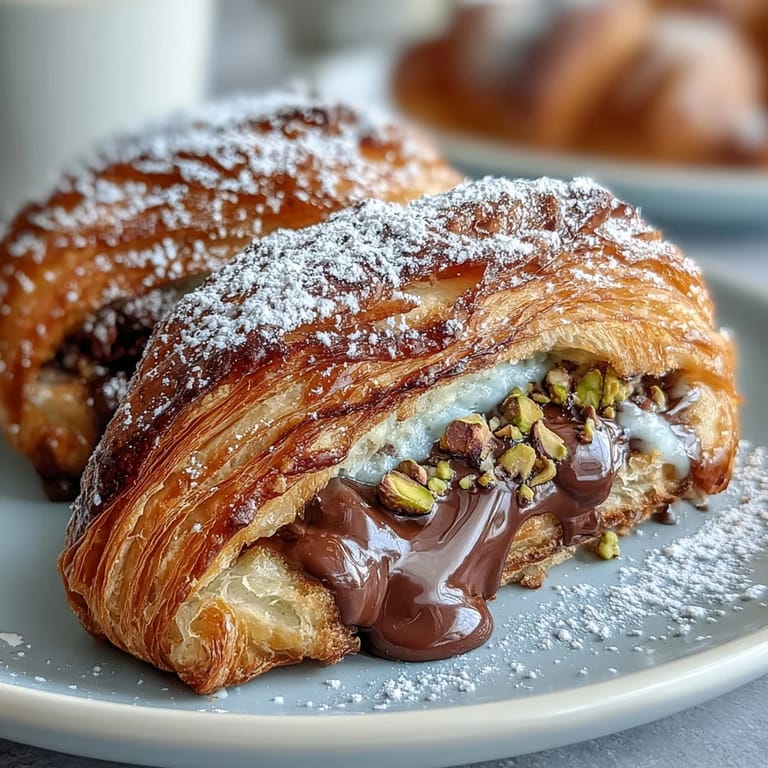 Custardy, rich Dubai Chocolate Pistachio Croissant French Toast topped with crunchy pistachios.