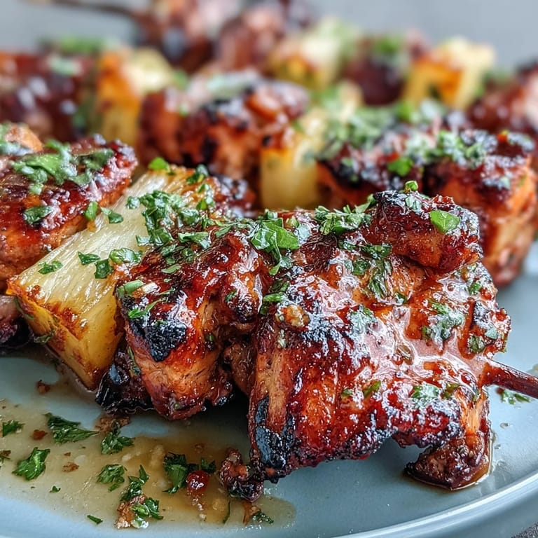 Tender, al pastor marinated chicken skewers piled high with golden grilled pineapple on a platter.