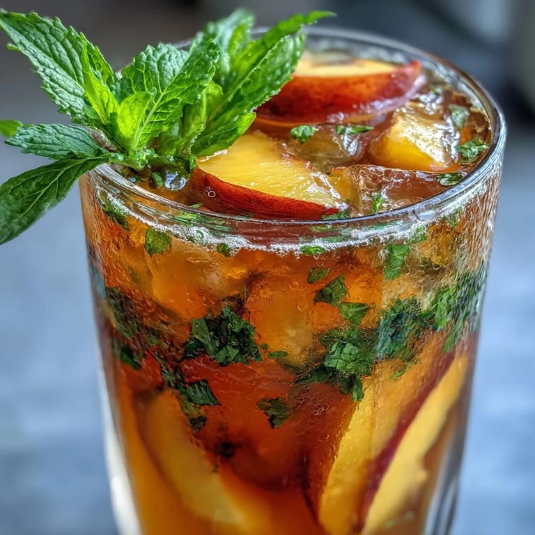 Enjoy this copycat Iced Peach Green Tea Lemonade, complete with ice and a juicy peach slice.