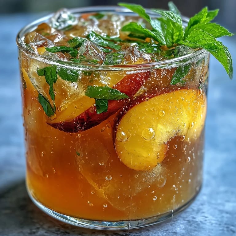 Cooling Iced Peach Green Tea Lemonade, a perfect blend of sweet peach, tart lemon, and green tea.