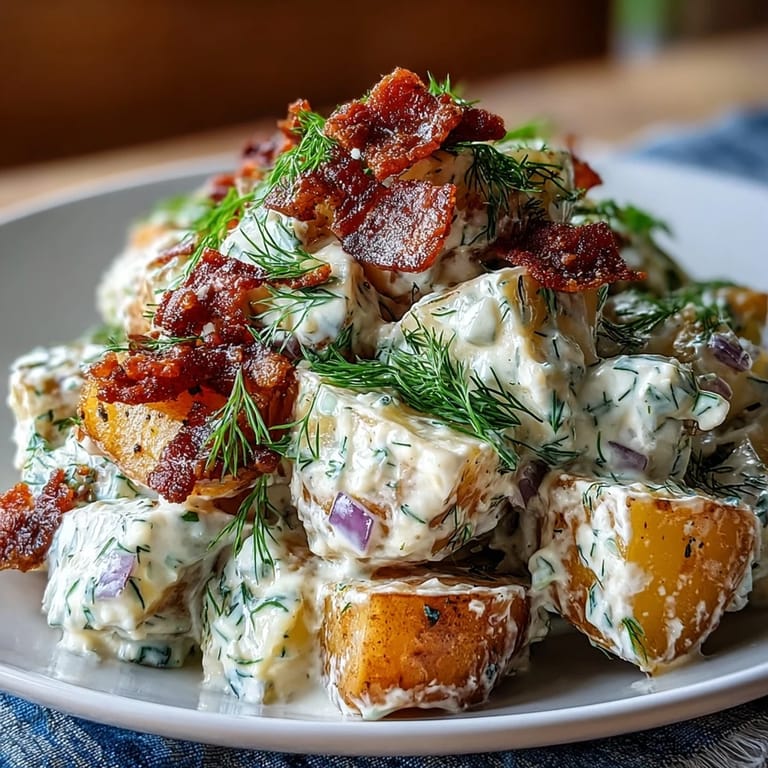 Creamy Memorial Day potato salad with crispy bacon, ready for your picnic spread.