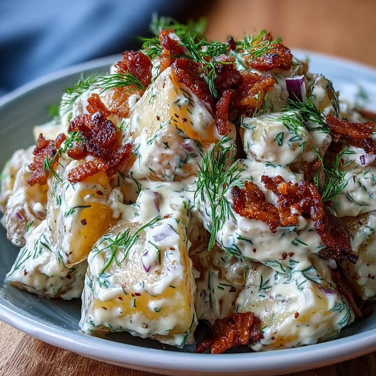 Tangy Memorial Day potato salad, generously topped with fresh dill and crumbled bacon.