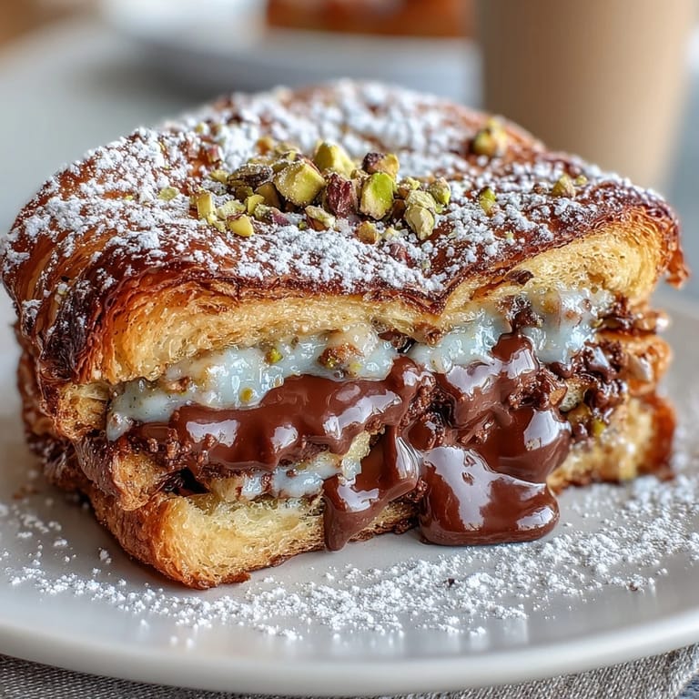 Fluffy Dubai Chocolate Pistachio Croissant French Toast, a decadent breakfast treat ready to serve.