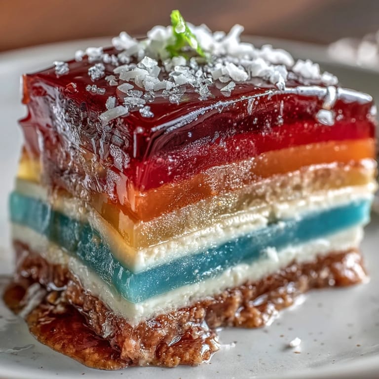 Showcasing glossy, colorful agar-agar layers crowned with creamy coconut for a refreshing treat.