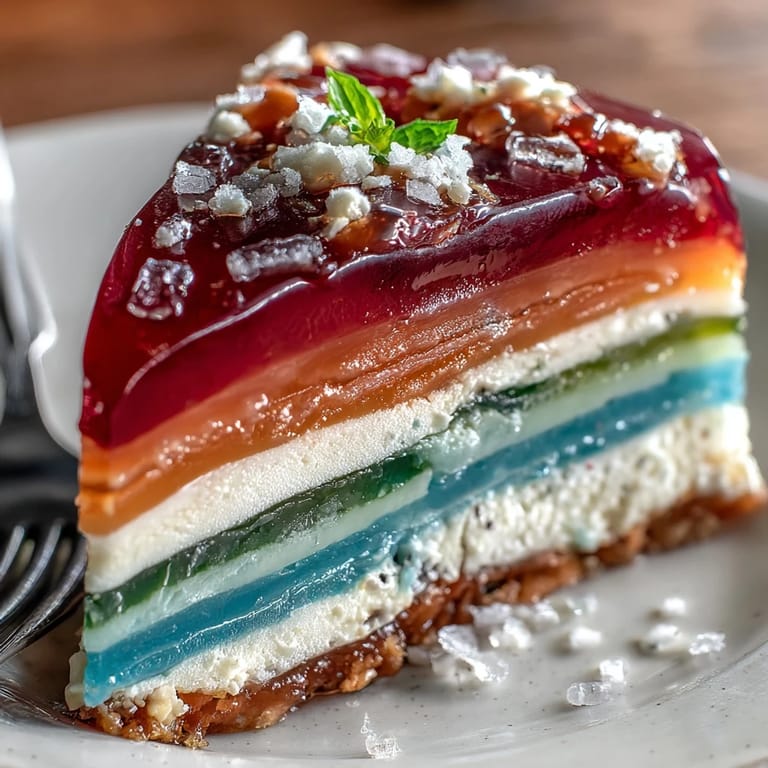Dazzling rainbow jelly cake, visually stunning with refreshing coconut cream and sweet fruit flavors.
