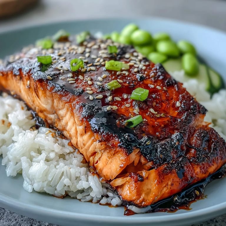 A vibrant salmon teriyaki bowl featuring tender glazed fish, fluffy rice, crisp cucumber, and bright green edamame.