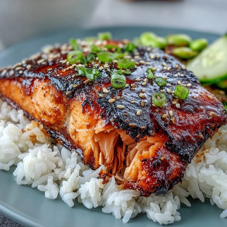 Savory teriyaki salmon served over jasmine rice with edamame and cucumber, topped with sesame seeds for crunch.