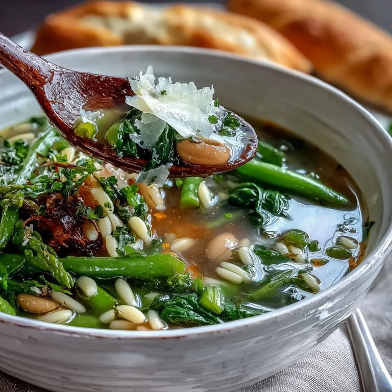 Colorful bowl of Spring Minestrone featuring zucchini, peas, and green beans, served hot with crusty bread on the side.