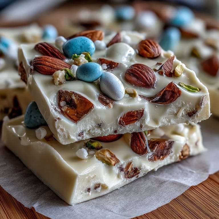 Colorful white chocolate bark decorated with Easter eggs and pistachios, a sweet and crunchy holiday treat ideal for sharing.