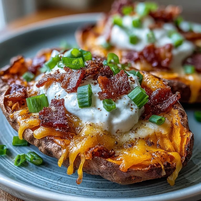 Twice-baked sweet potato skins filled with sharp cheddar, crumbled bacon, and fresh green onions.  