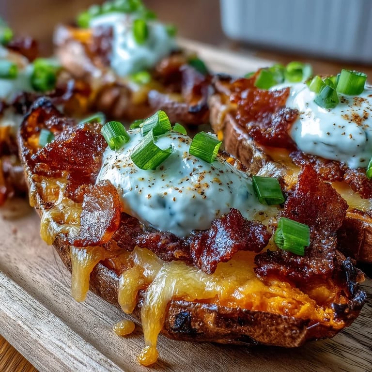 Golden-baked sweet potato skins loaded with gooey cheese, crispy bacon, and tangy sour cream.