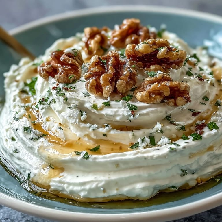 Silky whipped feta dip topped with a drizzle of honey, toasted walnuts, and aromatic herbs—an easy Mediterranean appetizer.