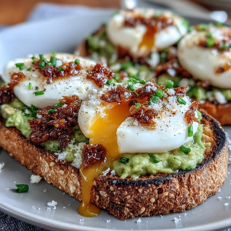 Golden poached egg resting on a bed of mashed avocado, finished with crunchy chili oil for a flavorful and vibrant brunch toast.