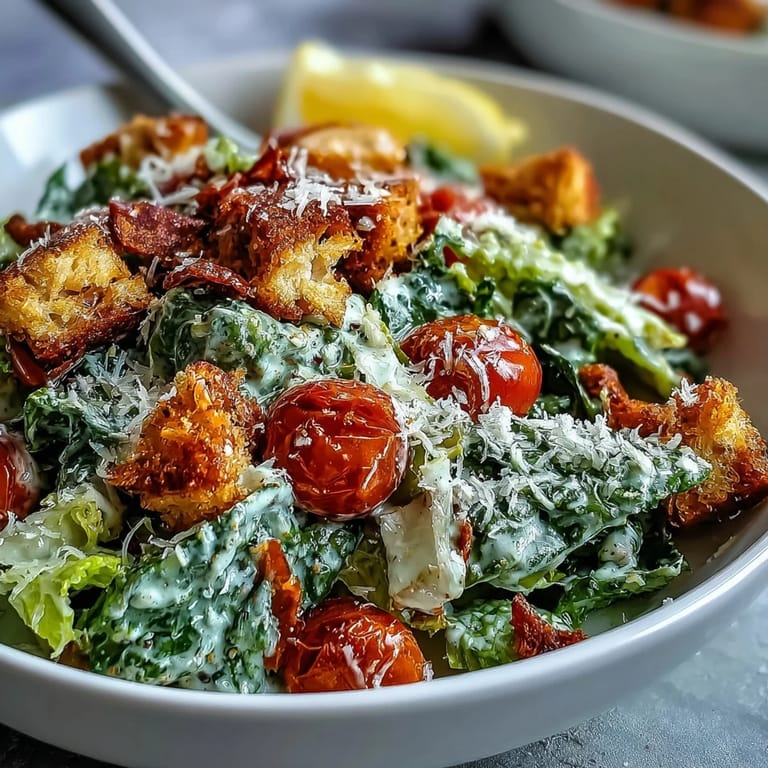 Creamy Tahini Caesar Salad served with golden croutons, fresh Parmesan, and a tangy, nutty tahini-lemon dressing for bold flavor.  