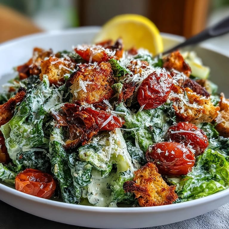 Fresh Tahini Caesar Salad featuring crunchy romaine, halved cherry tomatoes, and savory croutons coated in a rich, dairy-free tahini Caesar dressing.
