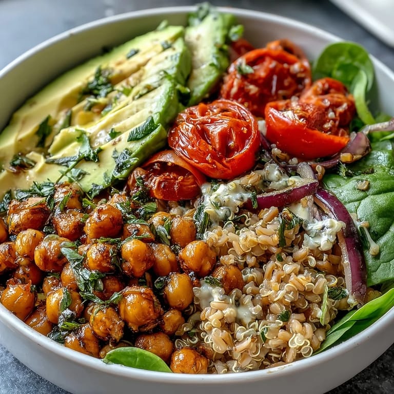 Hearty plant-based Ancient Grains Bowl featuring tender farro, fluffy quinoa, and creamy avocado.
