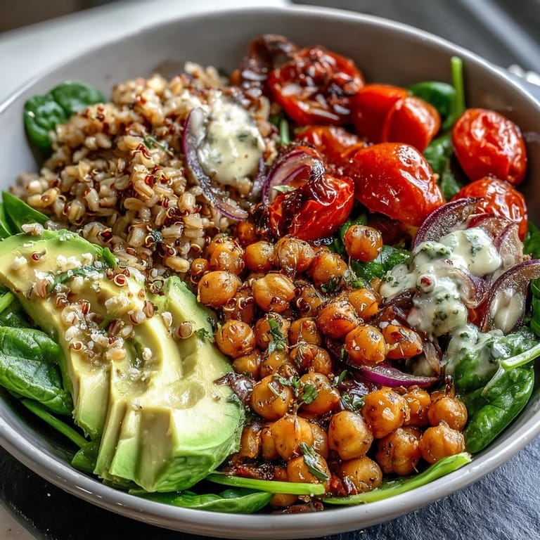 Nutritious Ancient Grains Bowl with lemon-tahini dressing, topped with red onion and cherry tomatoes.