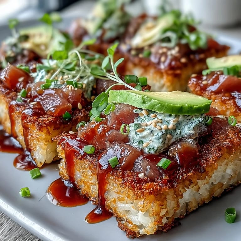 Crunchy, golden rice squares crowned with spicy tuna mixture and microgreens for a bold flavor experience.