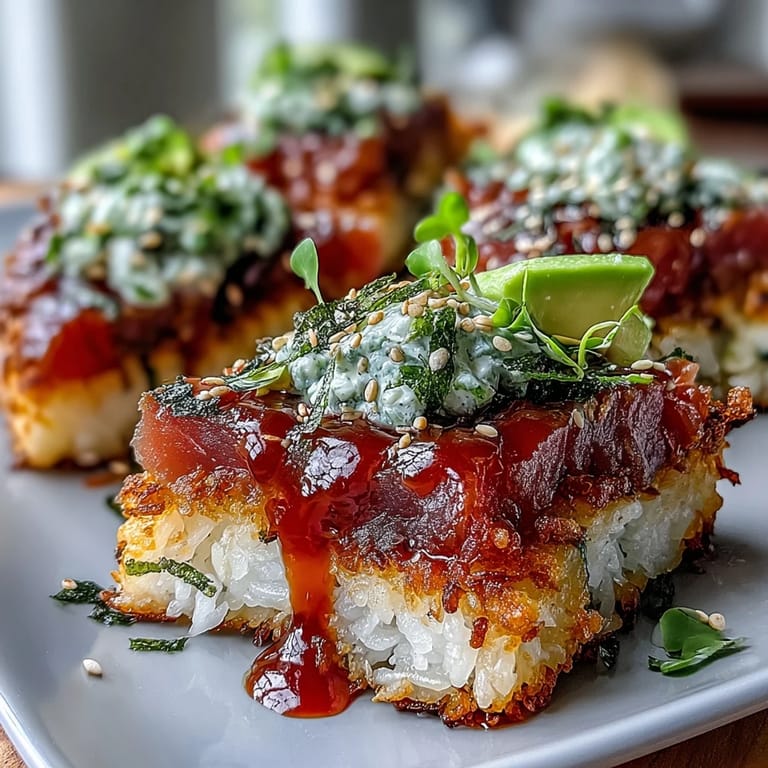 Crispy sushi rice bites layered with zesty tuna and fresh green onion—perfect for sushi lovers at home.