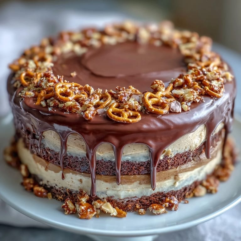 Celebrate Dad with a moist Father's Day Chocolate Peanut Butter Pretzel Cake.