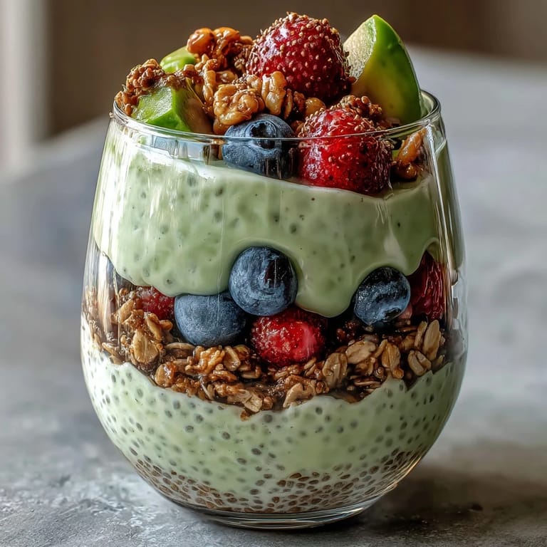 Visually appealing fiber-rich avocado chia pudding parfait, showcasing smooth cream and fresh fruit.