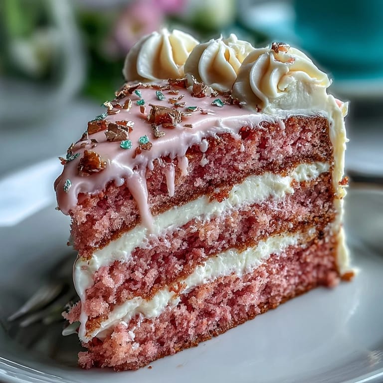 Delicate rosé velvet cake with luscious cream cheese frosting and shimmering gold accents.
